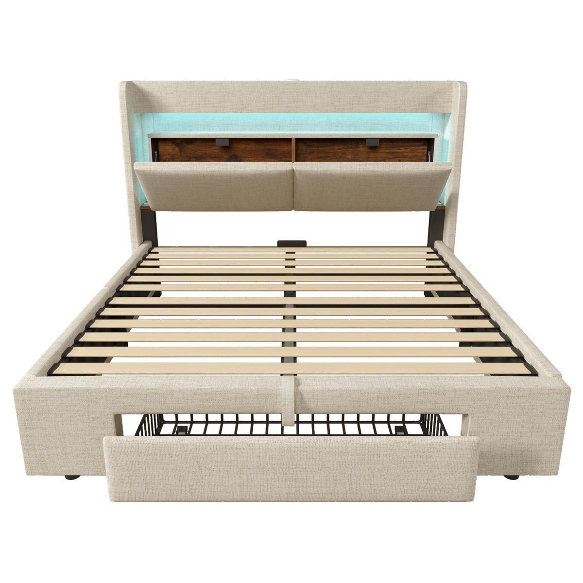 POLSTERBETT 160/200 cm Beige mit LED-Beleuchtung, Stauraum und Matratze - Beige, Textil (160/200cm) - Flora Grace