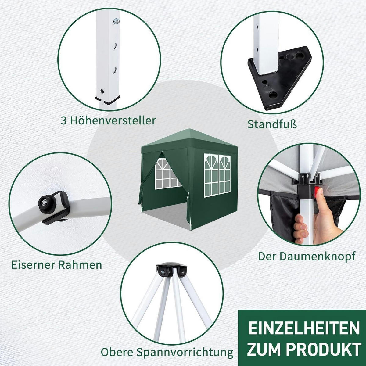 FALTPAVILLON 2 x 2 m Grün UV-Schutz 50+ Wasserdicht Höhenverstellbar mit 4 Seitenteilen - Grün, Textil (200/255/200cm)