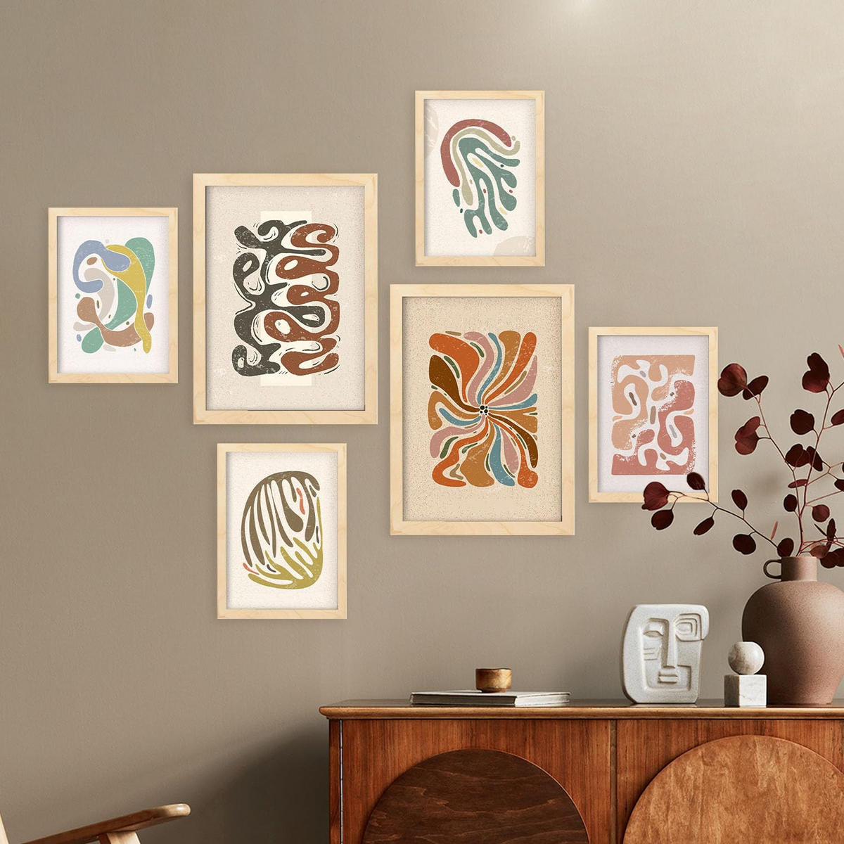 POSTER Set Mit 6 Drucken Von Bewegungen In Der Sammlung Von Ethnischen Dekorative Rahmen Für Ihr Zuhause Wandkunstdruck A3 & A4 Rahmen Aus Hellem Holz - Beige, Papier (29/3cm) - Nacnic