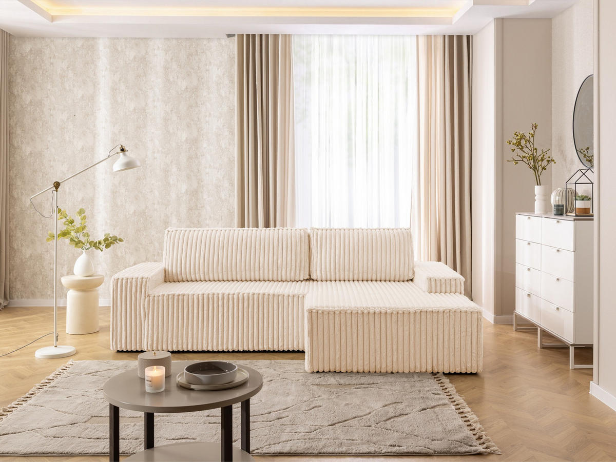 ECKSOFA Rivio mit Schlaffunktion und Bettkasten, Plüschcord Hellbeige - Beige/Schwarz, Holz/Kunststoff (262/149cm) - S-Style
