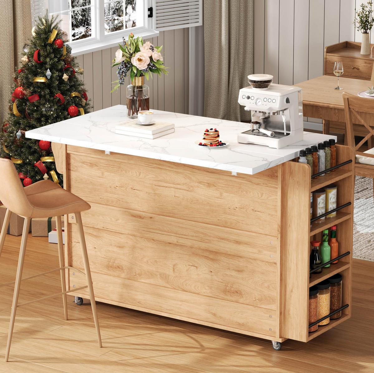 KÜCHENINSEL mit Klappplatte auf Rollen 138 x 70 x 90 cm Natural - Naturfarben, Holz (70/90/138cm) - Beauniv