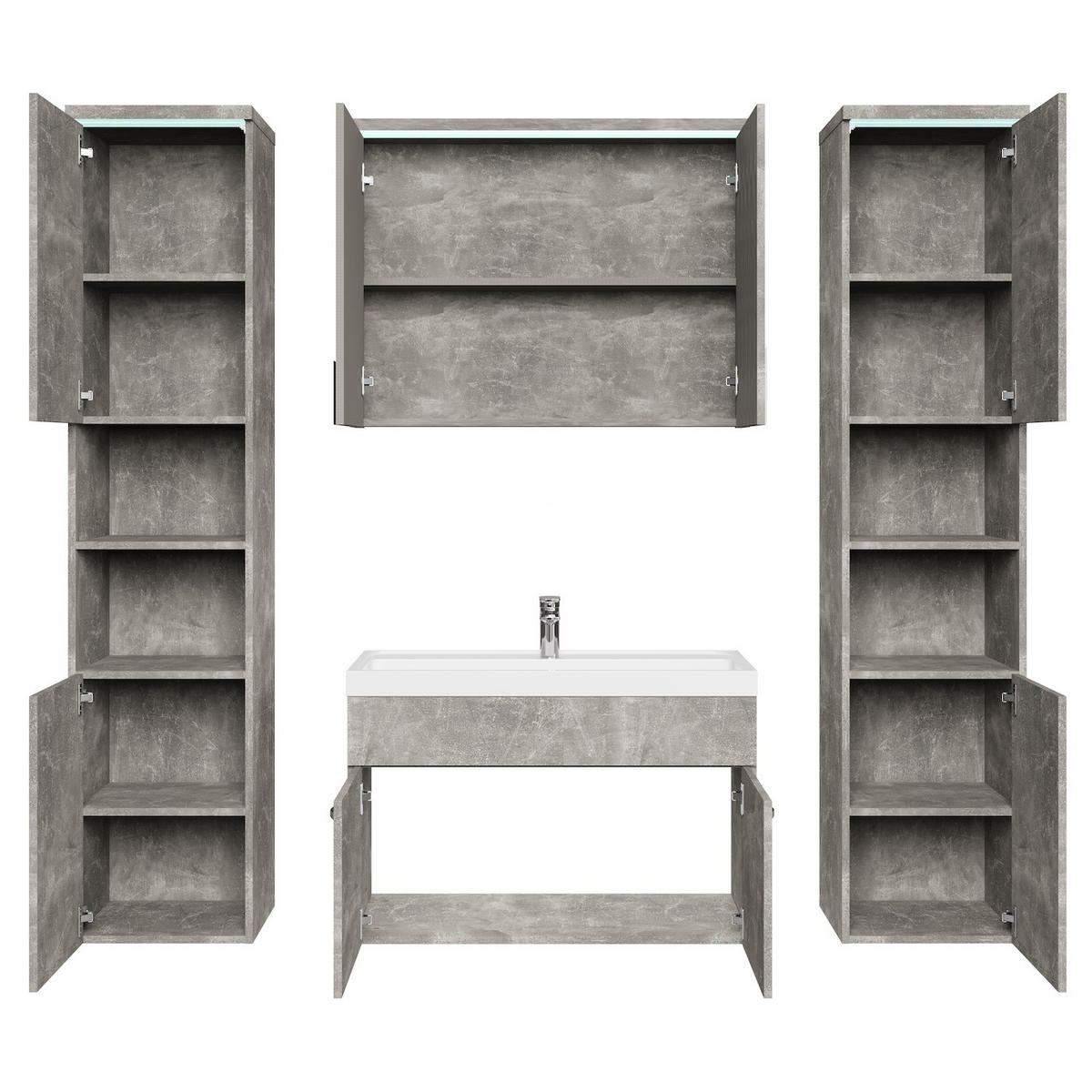 BADMÖBEL-SET Paso LED 5 Teile Beton Grau - 80 x 35 x 55 cm - Schwarz, Holz (80/55/40cm) - Badplaats