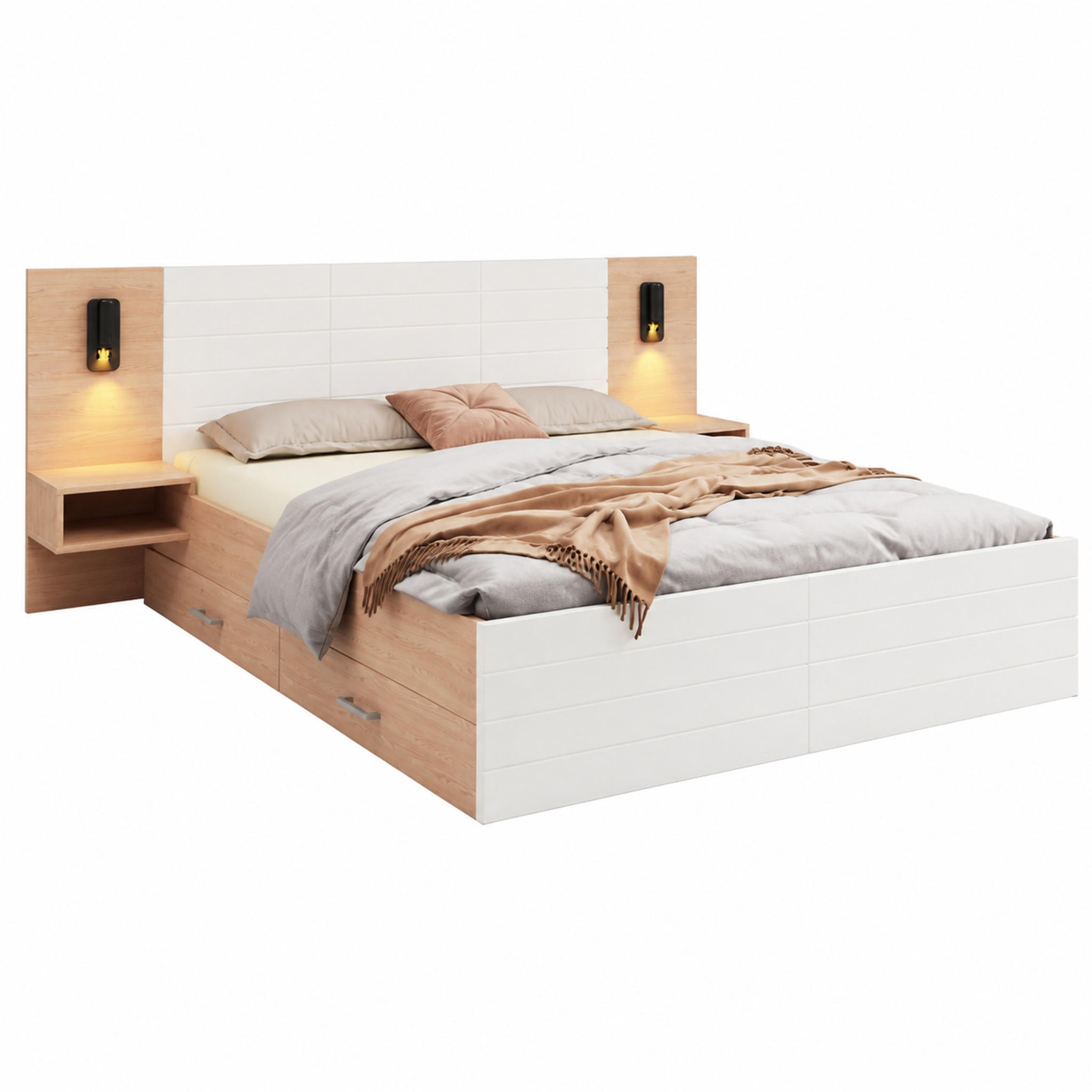 BETT mit 2 Schubladen und USB 160x200 cm Massivholz/MDF Weiß/Eiche - Wengefarben, Holz (160/200cm) - Meubliv