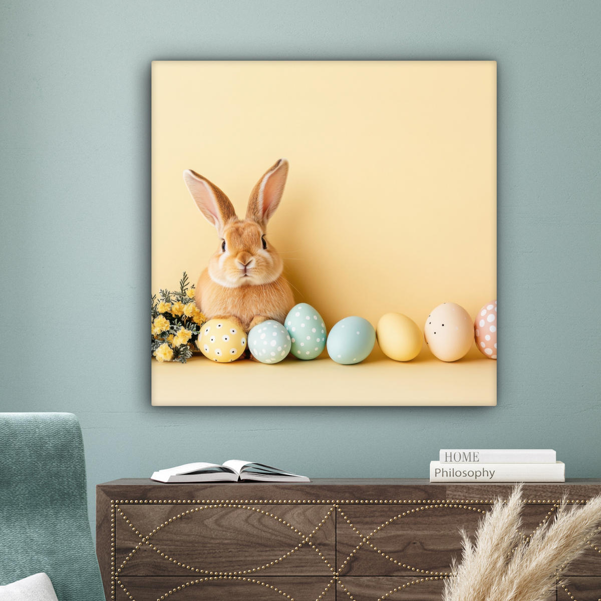 LEINWANDBILD Eier - Kaninchen - Pastellfarbtöne Deko Groß 90x90 cm - Hellgelb, Textil (90/90cm) - MuchoWow