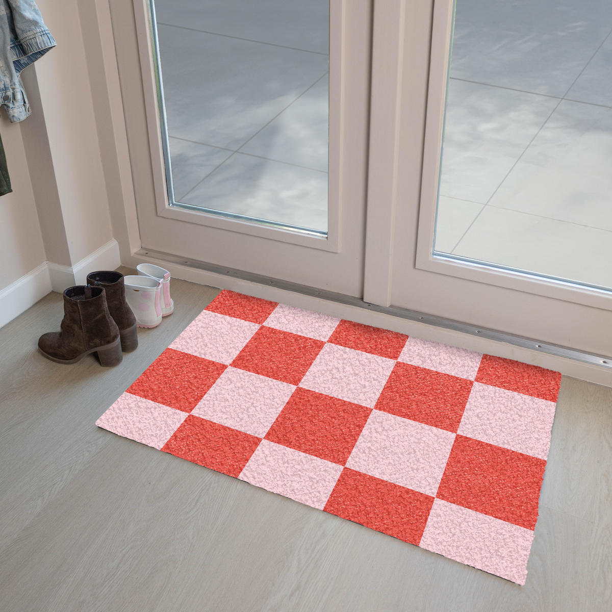 FUSSMATTE Schachbrettmuster - Rot - Rosa - Würfel 90x60 cm - Rot, Kunststoff (90/0.4cm) - MuchoWow