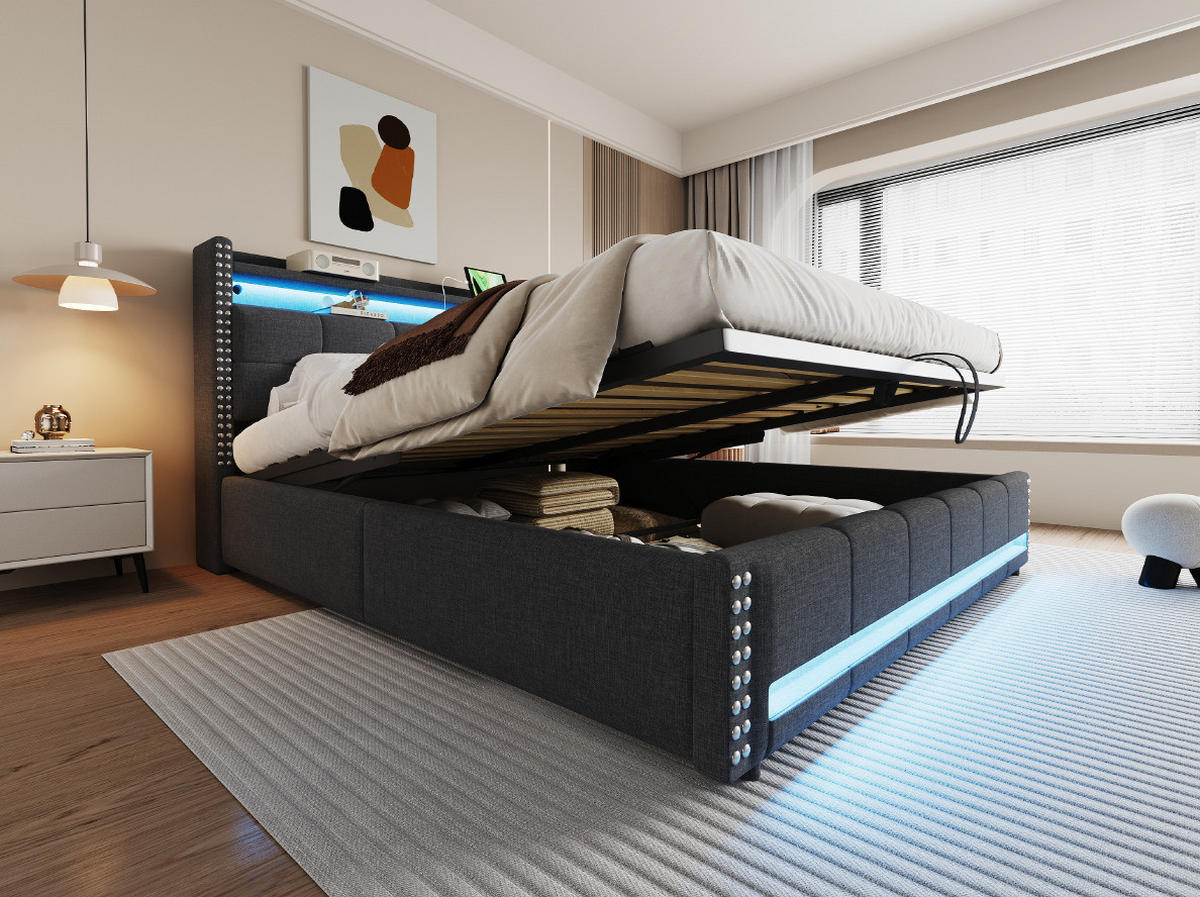 POLSTERBETT 180/200 cm Grau aus Leinenstoff mit LED und Stauraum - Grau, Textil (180/200cm) - OKMYHOME