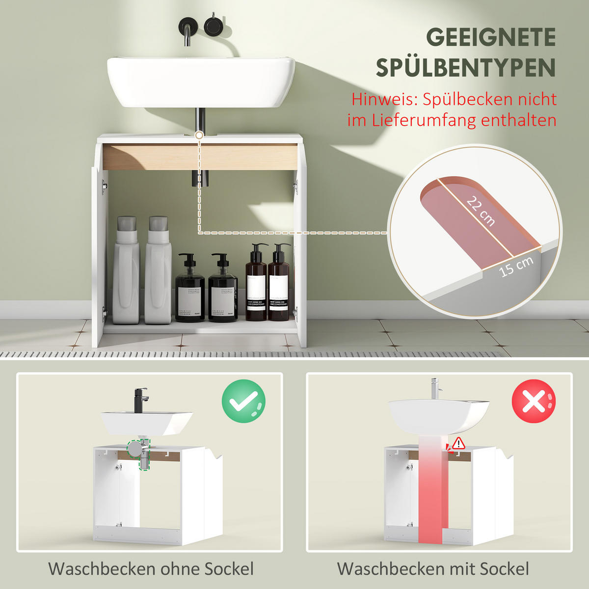 BADEZIMMERMÖBEL-SET Acryl Spanplatte Weiß Naturholz - Weiß, Holzwerkstoff (30/180.5/34.6cm) - HOMCOM