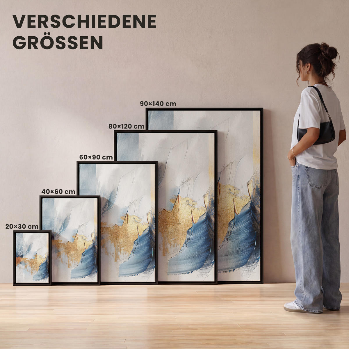LEINWAND Bilder mit Rahmen - Gold - Blau - Aquarell - Kunst - Modern - 60x90 - Hellblau, Textil (60/90cm) - MuchoWow