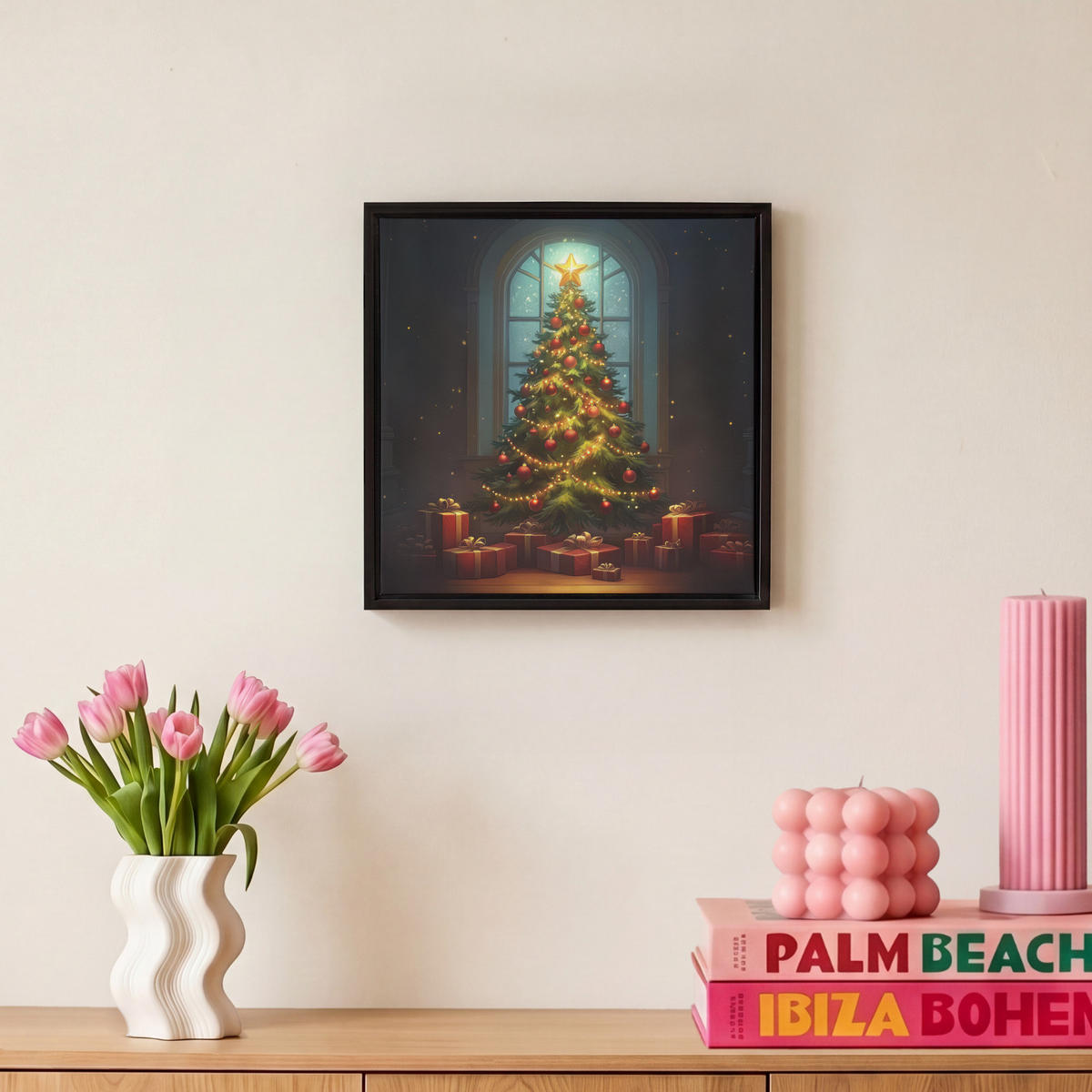 LEINWAND Bilder mit Rahmen - Weihnachtsbaum - Geschenk - Winter - 20x20 - Grün, Textil (20/20cm) - MuchoWow
