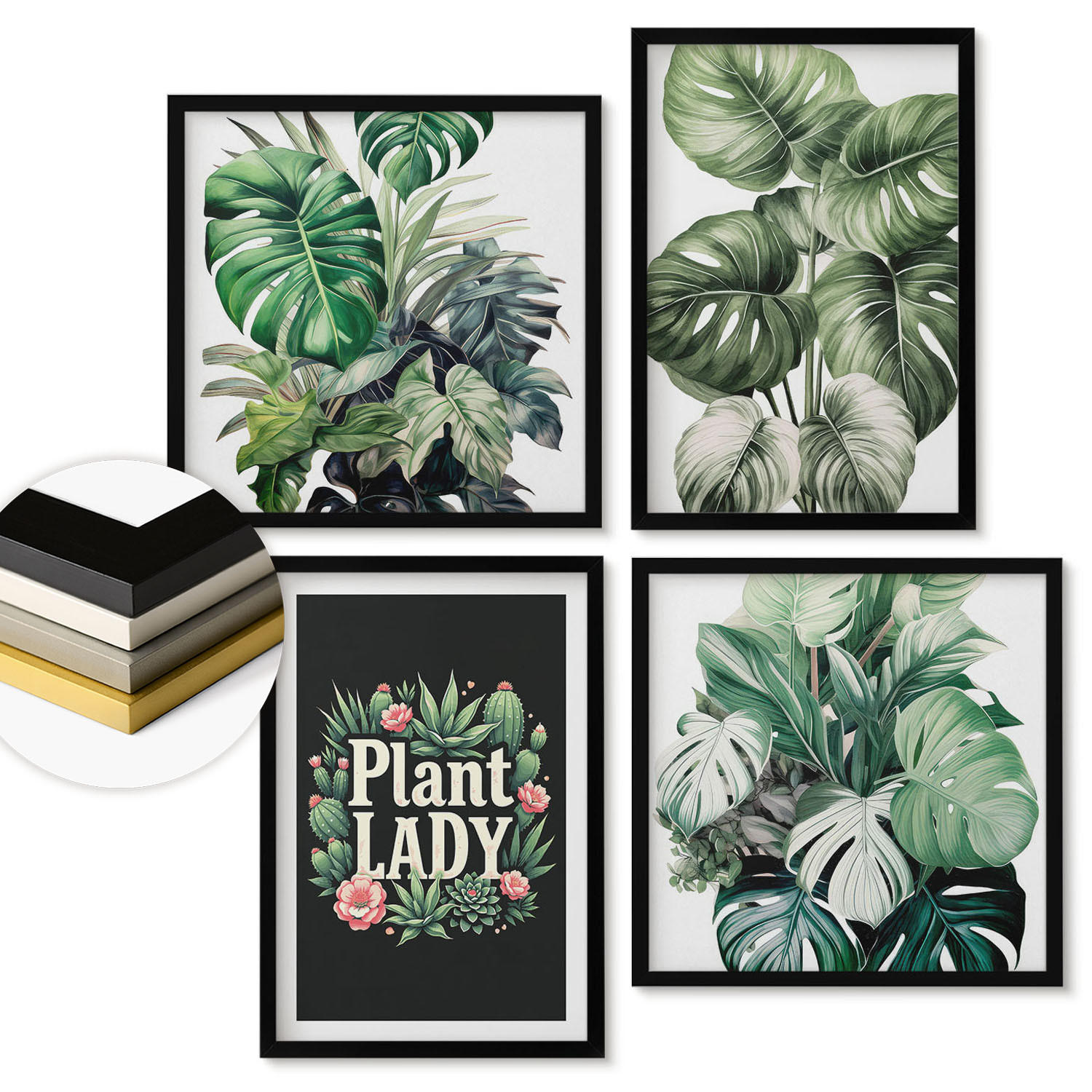 WANDBILDER 4er-Set - 50x50 cm & 40x60 cm Schwarzer Rahmen - Tropische Pflanzen, Pflanzenliebhaberin - Schwarz, Kunststoff (50/50cm) - ArtPrintCave