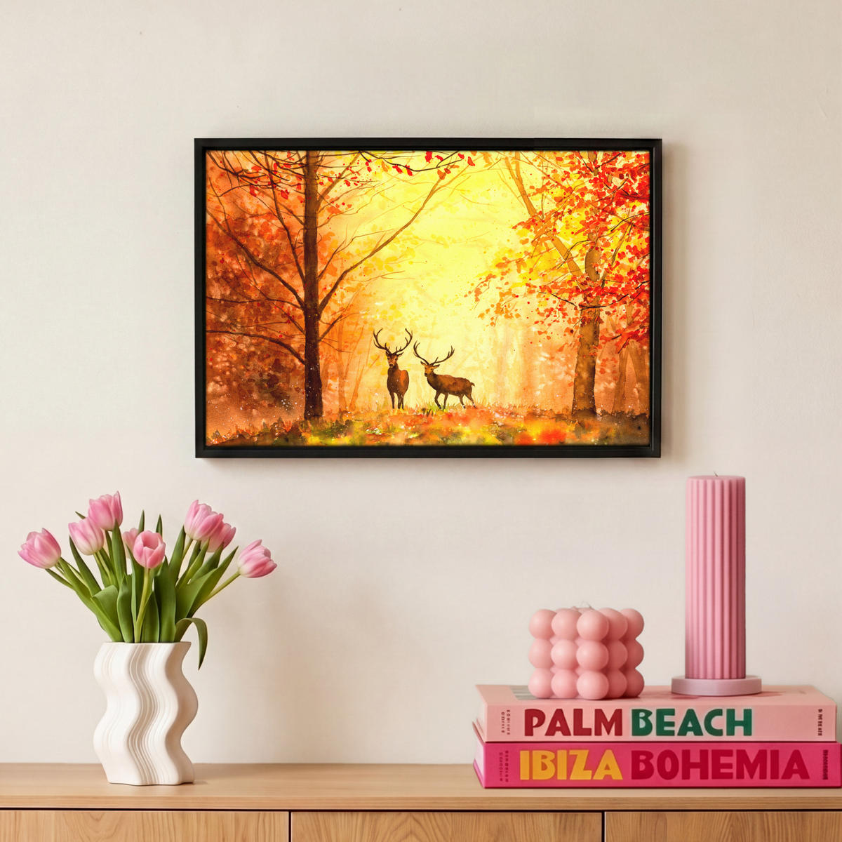 LEINWAND Bilder mit Rahmen - Natur - Ölfarbe - Hirsche - Tiere - Herbst - Orange - 30x20 - Orange, Textil (30/20cm) - MuchoWow