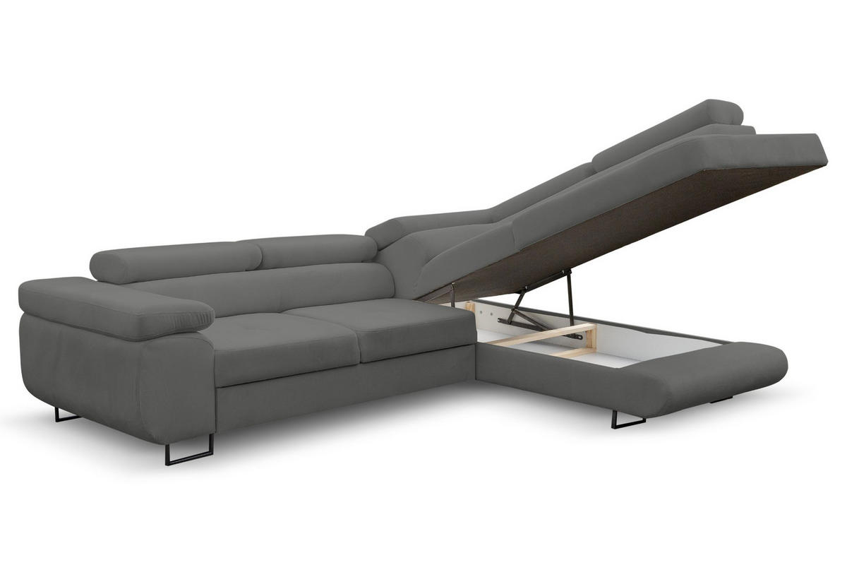 ECKSOFA Jerry in L-Form mit Schlaffunktion und Bettkasten, Farbe: Grau, Veloursstoff, Ottomane Rechts - Grau, Textil (275/202cm) - VENASI MÖBEL