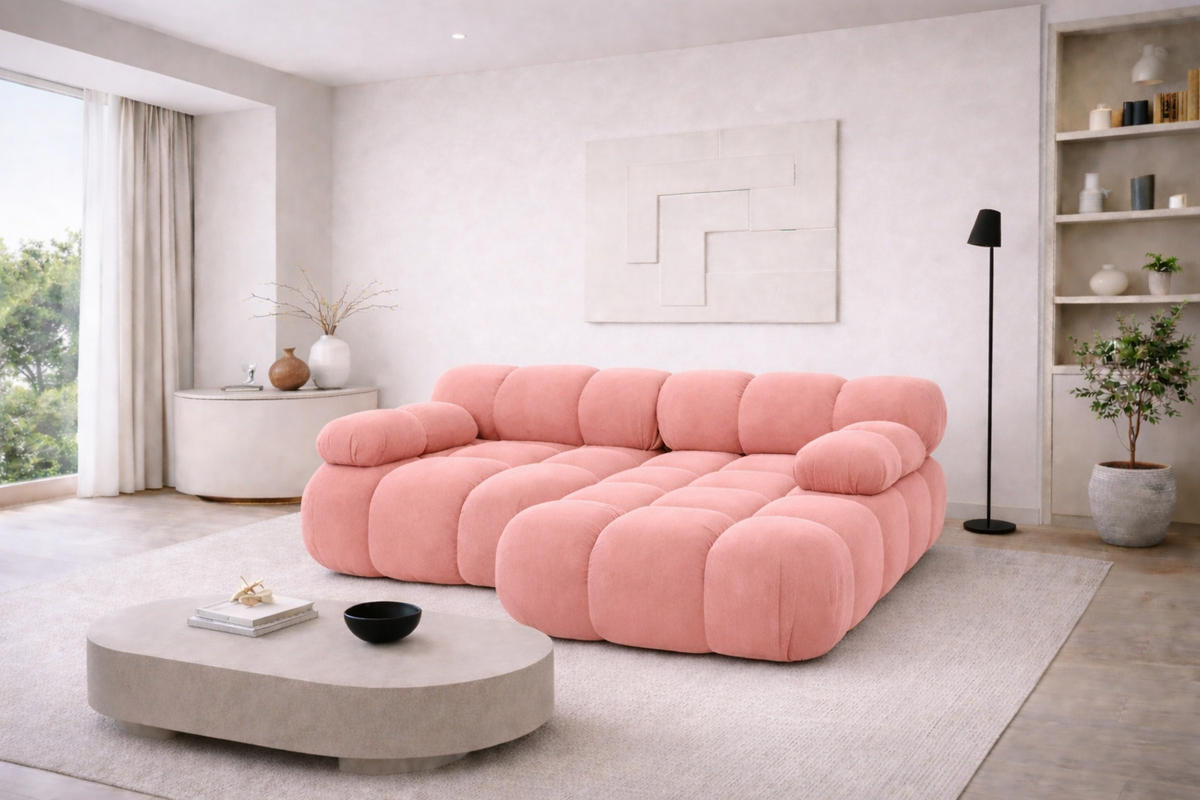 CHAISELONGUE Modular, Bouclé-Stoff Abriamo, Ecru, Rechts, Selia - Ecru/Rosa, Holz (190/160cm) - Kaiser Möbel