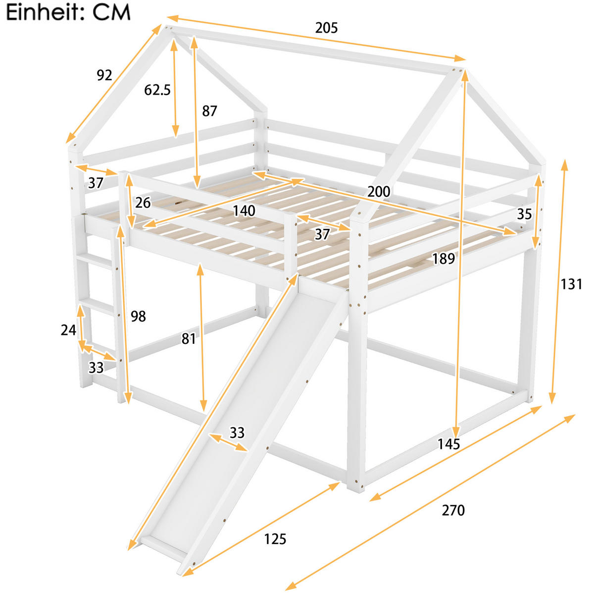 ETAGENBETT aus Kiefernholz 140x200 cm Weiß mit Rutsche und Leiter im Hausdesign - Weiß, Holzwerkstoff (140/200cm) - Modfu