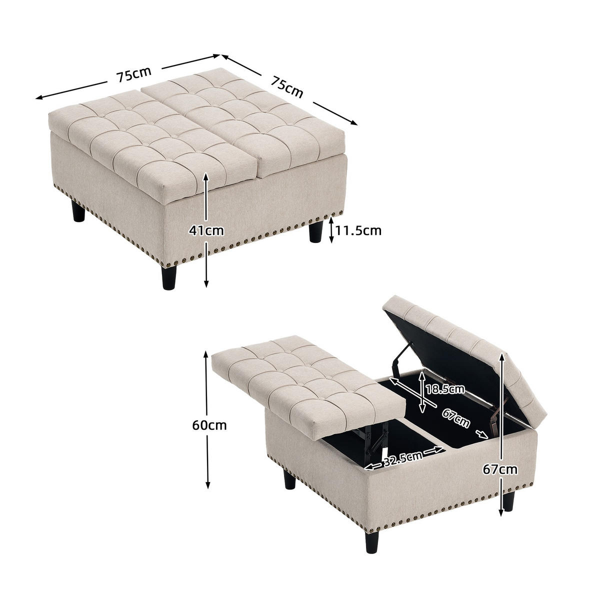 HOCKER Couchtisch,Aufbewahrungsstuhl,höhenverstellbar,Leinen,Beige - Beige, Metall (75/41/75cm) - LVHOM