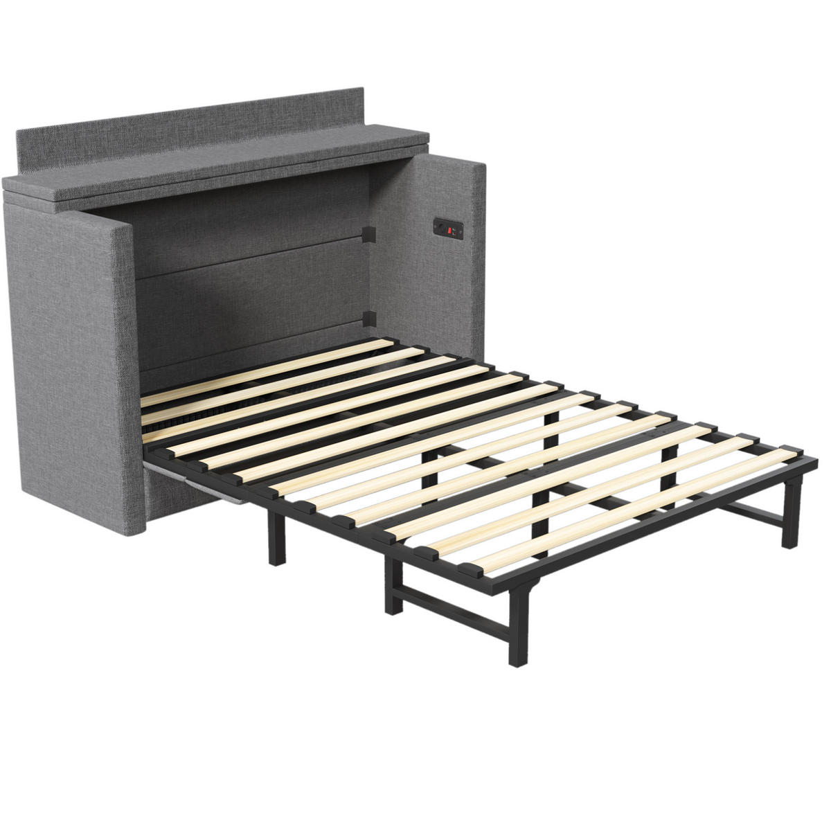 SCHRANKBETT aus Leinen 140x200 cm Grau mit USB- und Typ-C-Anschlüssen, Schublade und wandelbarem Ablagefach - Grau, Textil (90/200cm) - Modfu