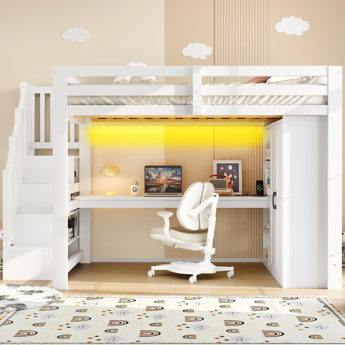 HOCHBETT 140/200 cm Weiß mit Schreibtisch, Kleiderschrank und LED - Weiß, Holz (140/200cm) - MIVRAY
