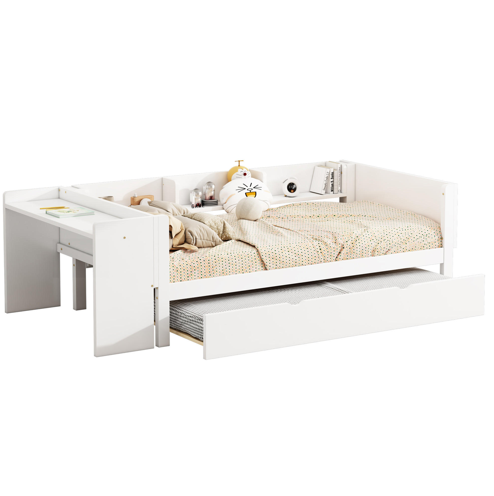 KINDERBETT 90/200 cm Weiß mit Ausziehbett, Schreibtisch und Regalen - Weiß, Holzwerkstoff (90/200cm) - Flora Grace