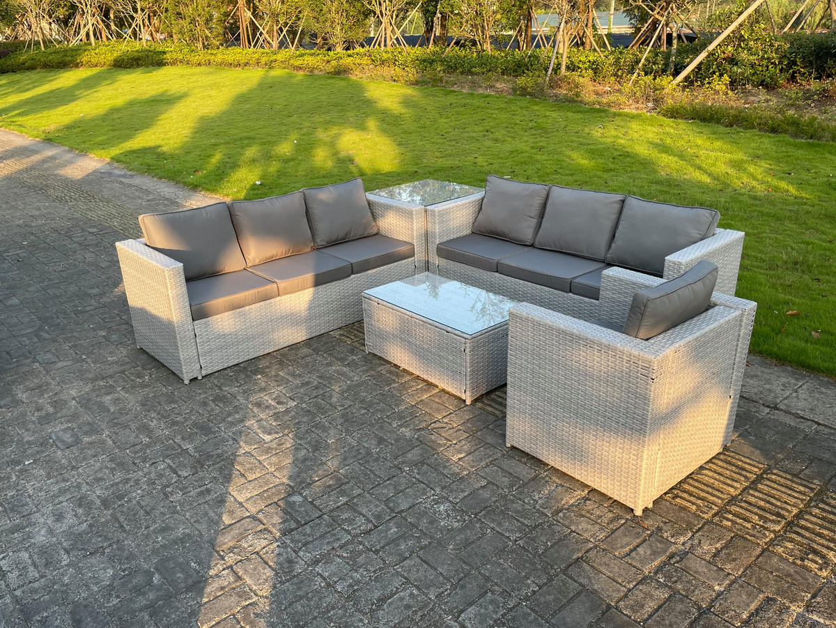 GARTENMÖBEL SET Polyrattan Helles Grau 7-Sitzer - Hellgrau, Metall - Fimous