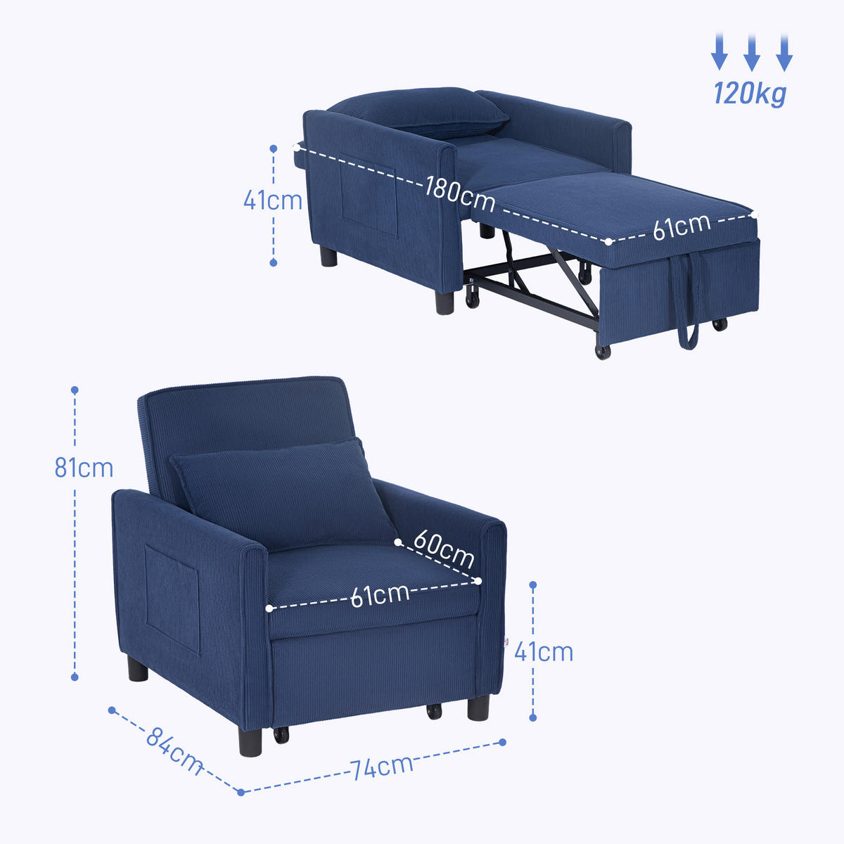 SCHLAFSESSEL, 3-in-1 , Kord, Blau - Blau, Kunststoff (84/81/74cm) - HOMCOM