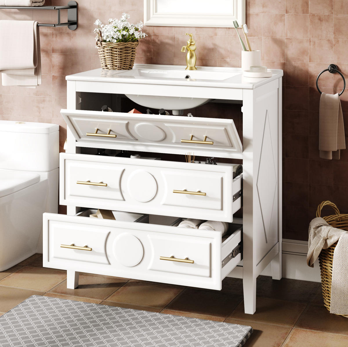 BADEZIMMERSCHRANK mit Keramikbecken 81 x 46,5 x 86,5 cm Weiß - Weiß, Holzwerkstoff (46.5/86.5/81cm) - Beauniv