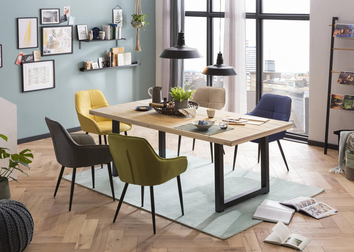 ARMLEHNSTUHL Norah mit blauem Leinen und gestepptem Rücken - Blau, Metall (55/86/46cm) - TPFLiving