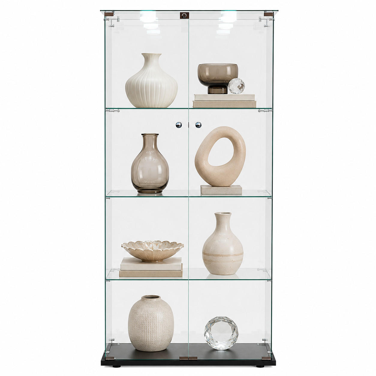 LED-VITRINE, 4-stufig mit Doppeltüren, Schwarzrahmen - Schwarz, Glas (78.5/163/35cm) - Joyfair
