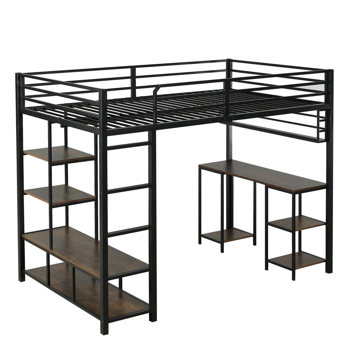 HOCHBETT 120/200 cm mit Schreibtisch und Ablagefläche in Schwarz/Dunkelwalnuss - Schwarz, Metall (120/200cm) - Flora Grace