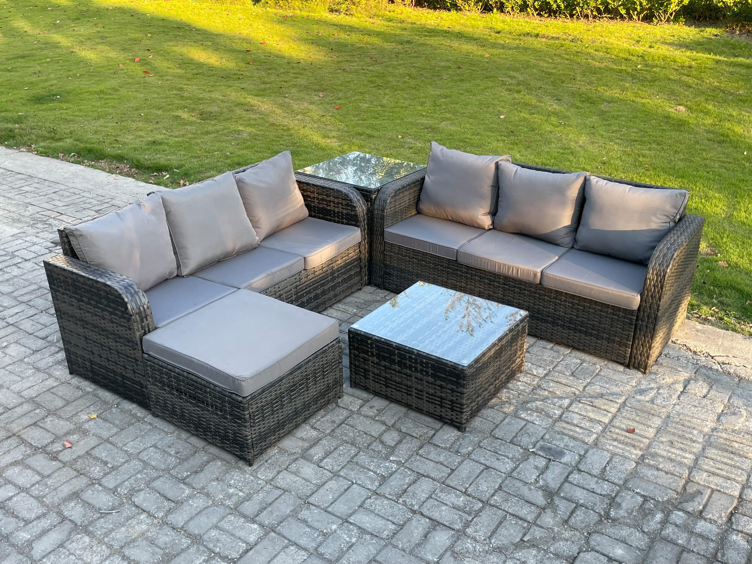 GARTENTISCHGRUPPE Polyrattan Dunkelgrau 5-teilige - Dunkelgrau/Grau, Glas/Kunststoff - Fimous