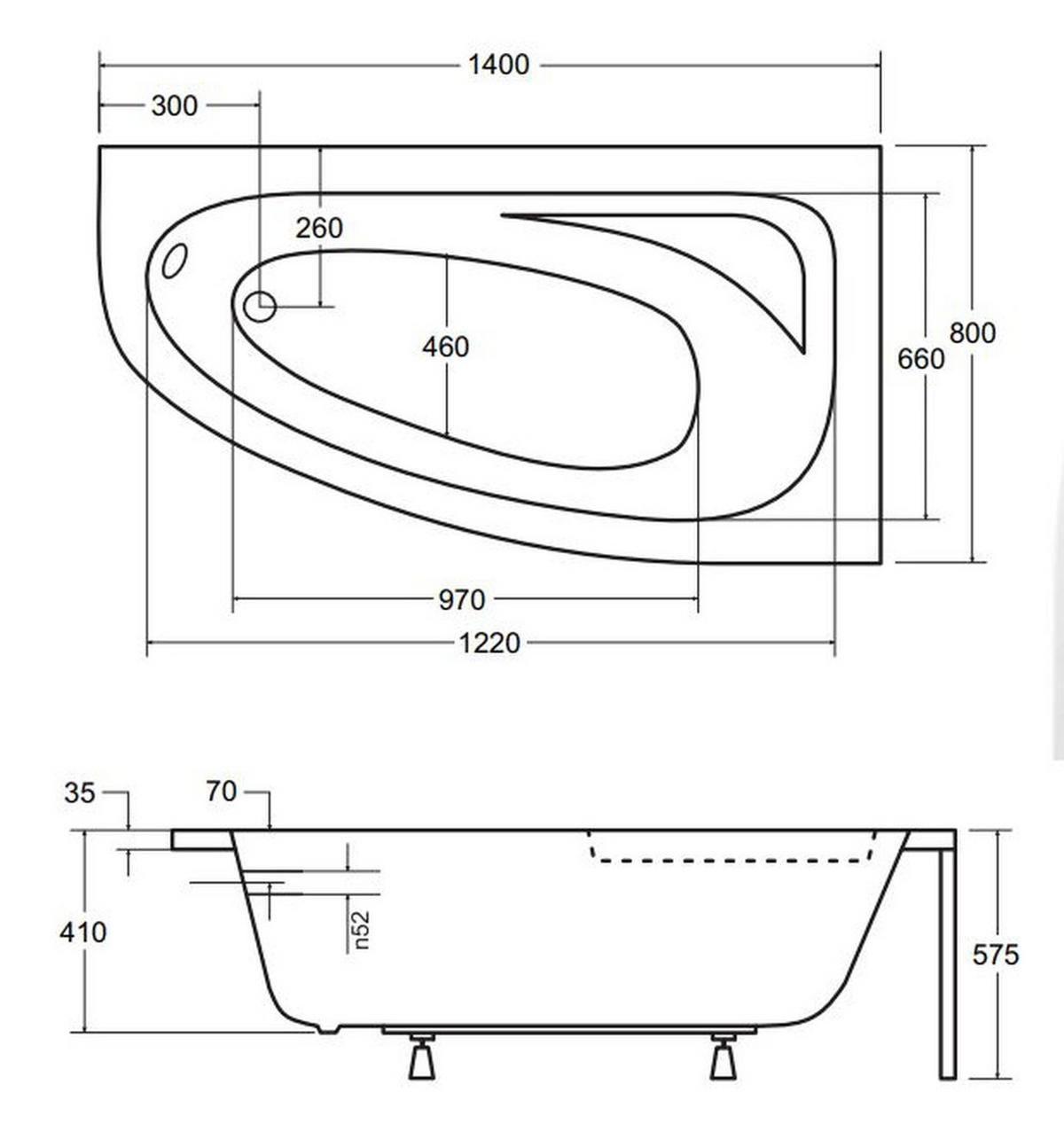 BADEWANNE Eckwanne CORNEA 140/80 Rechts mit Styro Ablauf Füße - Weiß, Kunststoff (80/57.5/140cm) - bad land