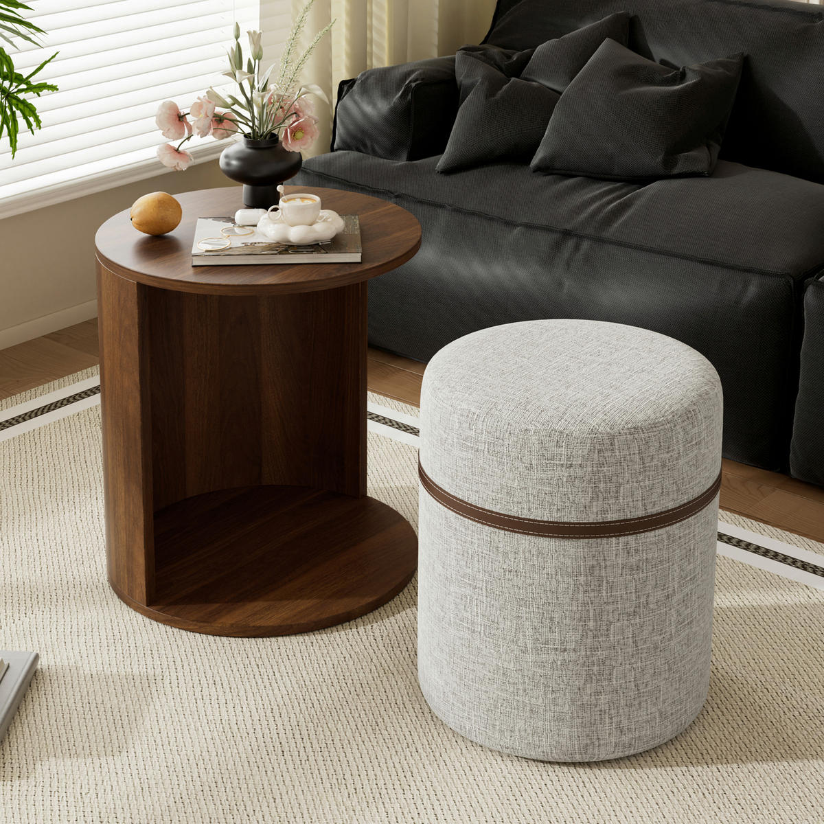 COUCHTISCH SET mit Hocker, rund, MDF mit Stauraum - Walnussfarben, Holzwerkstoff (38/38/47.5cm) - FLIEKS