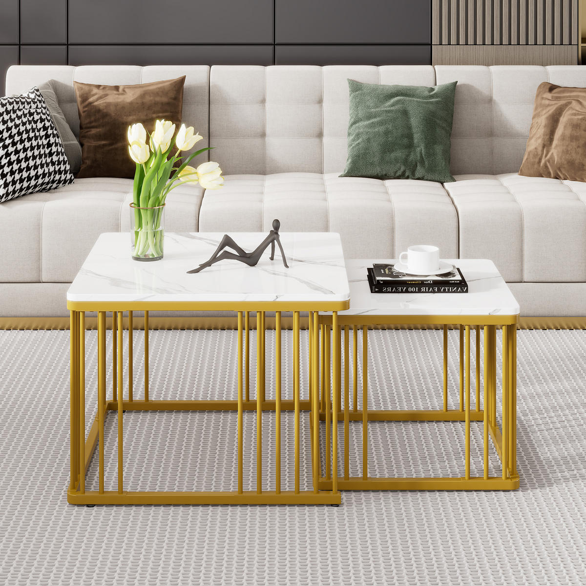 COUCHTISCH-SET 2-teilig, Marmoroptik Hochglanz, ineinander schiebbar, 60/60/45 + 45/45/40 cm, Weiß - Weiß, Holzwerkstoff (60/60/45cm) - Redom