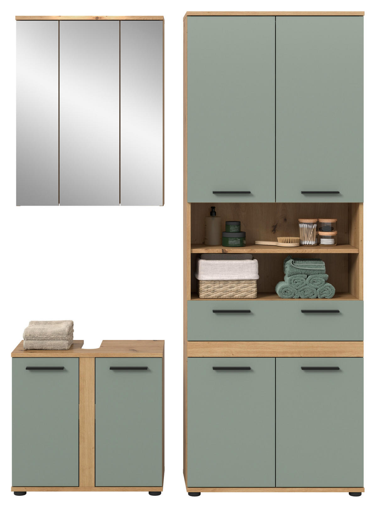 BADMÖBEL-SET 3-teilig Salbei grün, Artisan Eiche 145 cm, Badezimmerschränke mit viel Stauraum - Salbeigrün/Schwarz, Glas/Holzwerkstoff (145/191/34cm) - Inn.Furn