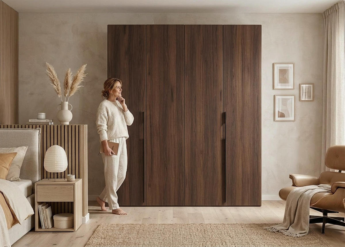 FALTTÜRENSCHRANK Omodeo 200 cm breit in Warmia-Nussbaum – mit WingLine-Falttüren - Walnussfarben, Holzwerkstoff (200/240/58cm) - AX Living