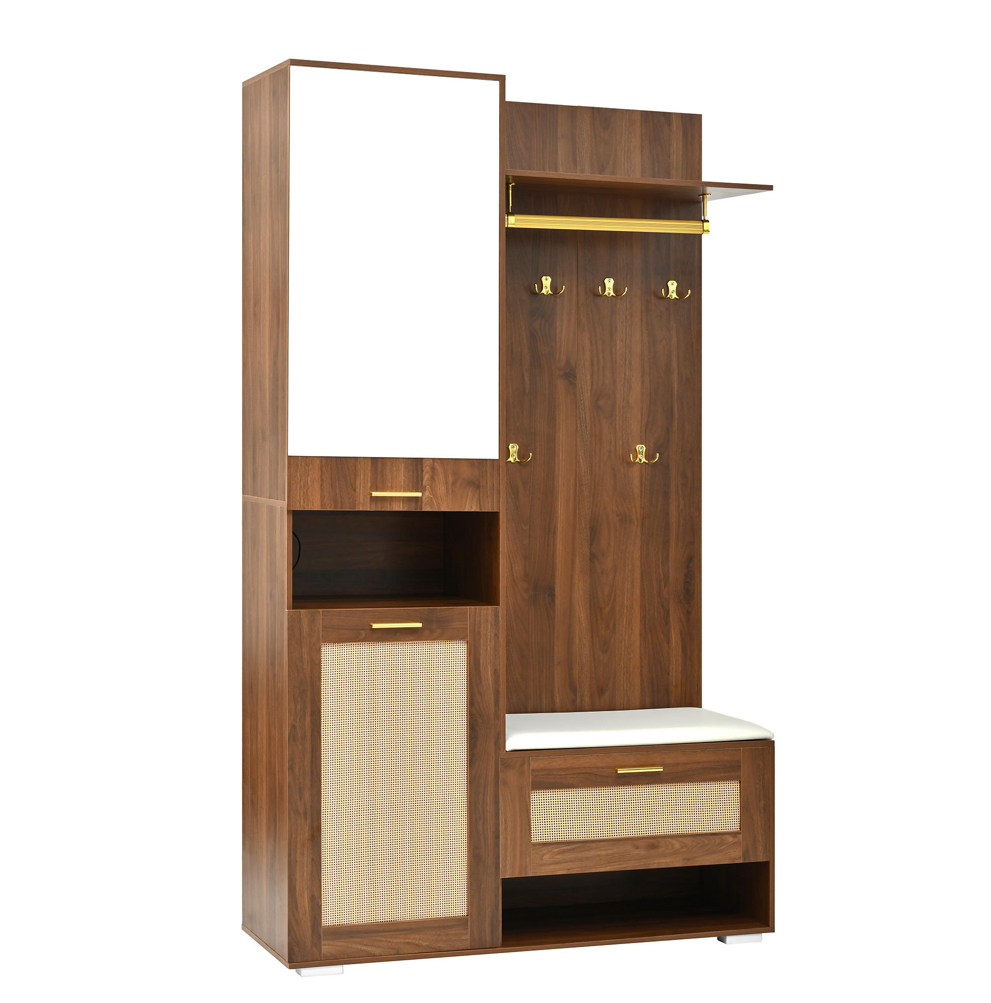 DIELENGARDEROBE 110/38/190 cm mit 6 Haken, Spiegel und Sitzbank - Walnussfarben, Holzwerkstoff (38/190/110cm) - BEAOK