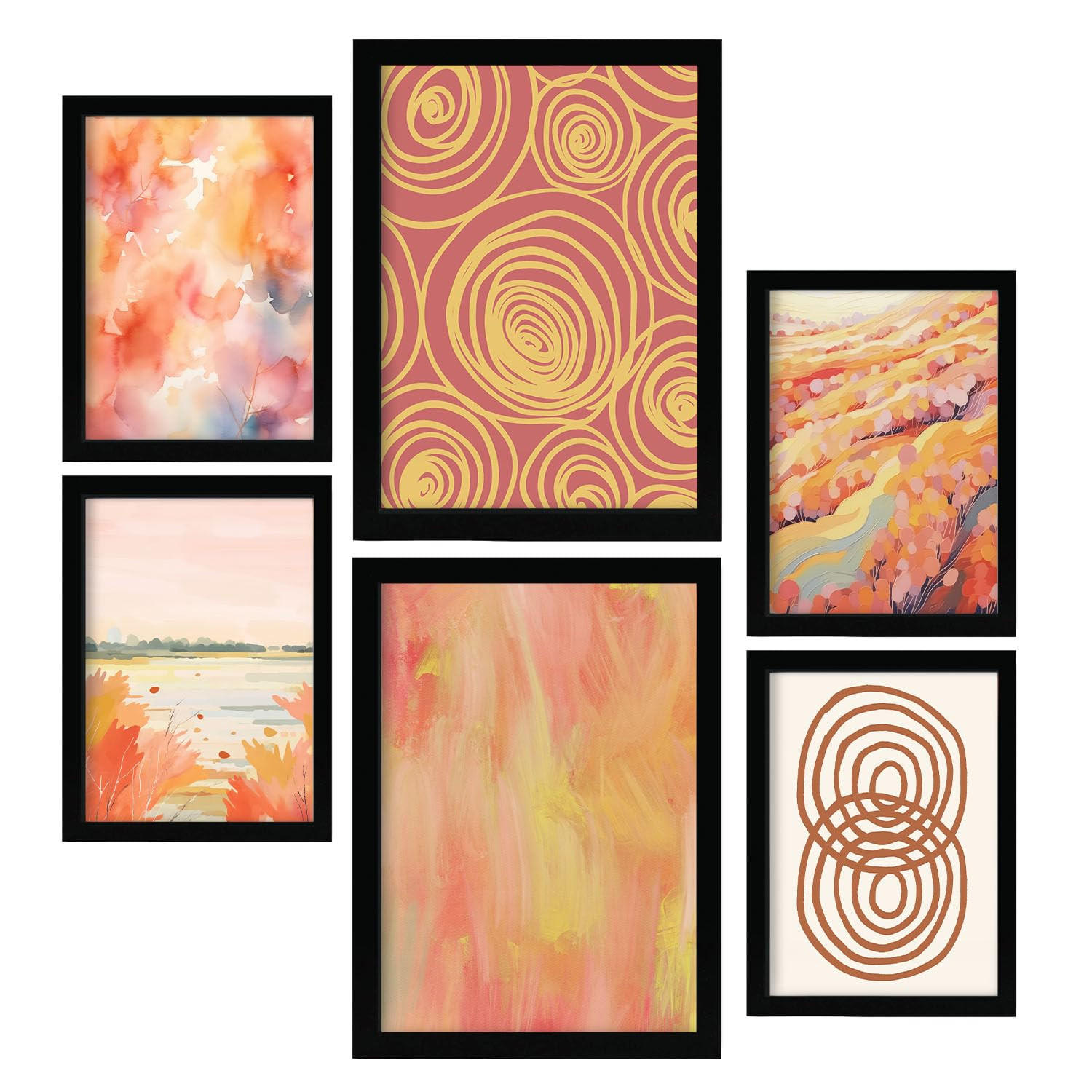 POSTER Set Mit 6 Orangefarbene Spries In Zusammenfassungen A3 & A4 Schwarzer Rahmen - Schwarz, Papier (29/3cm) - Nacnic