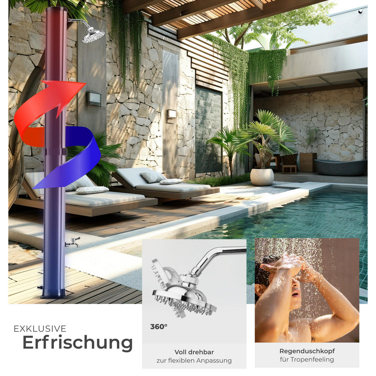SOLARDUSCHE Orinoco,inklusive Wasserhahn,schwarz/silber - Silberfarben/Schwarz, Kunststoff (19.5/222/47cm) - tectake