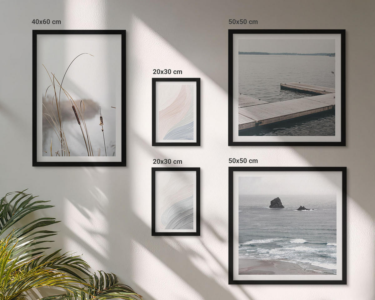 BILDER SET 5er Set - 50x50 cm & 20x30 cm & 40x60 cm Schwarzer Rahmen - Abstrakte Pastellwellen - Schwarz, Kunststoff (40/60cm) - TULUP