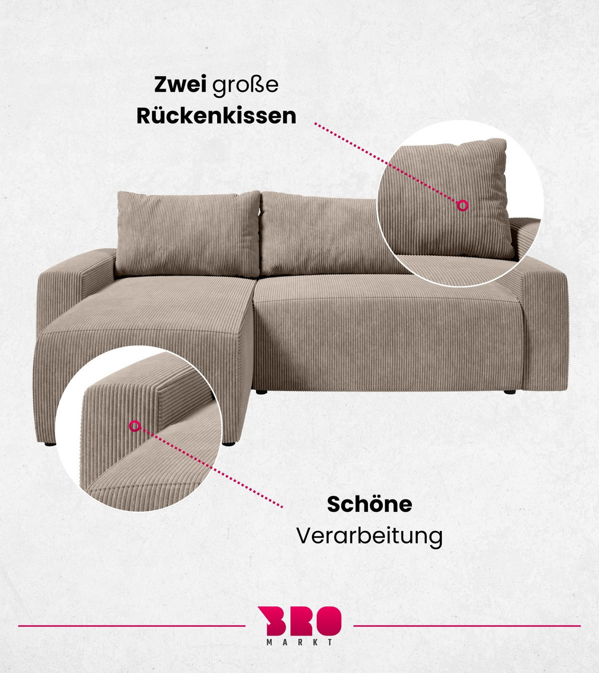 ECKSOFA PLUSH mit Schlaffunktion Beige Cord - Beige, Textil (240/145cm) - Bromarkt