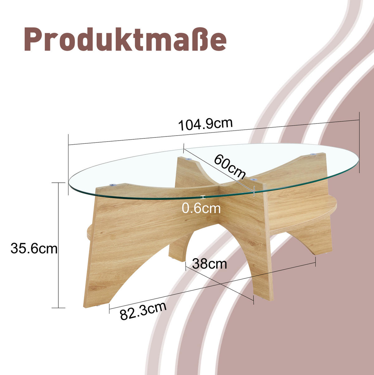 COUCHTISCH 104,9/60/45 cm mit Sicherheitsglas, Ablagefach und ovalem Design, Transparent, Holzfarben - Transparent, Glas (104.9/60/45cm) - Redom
