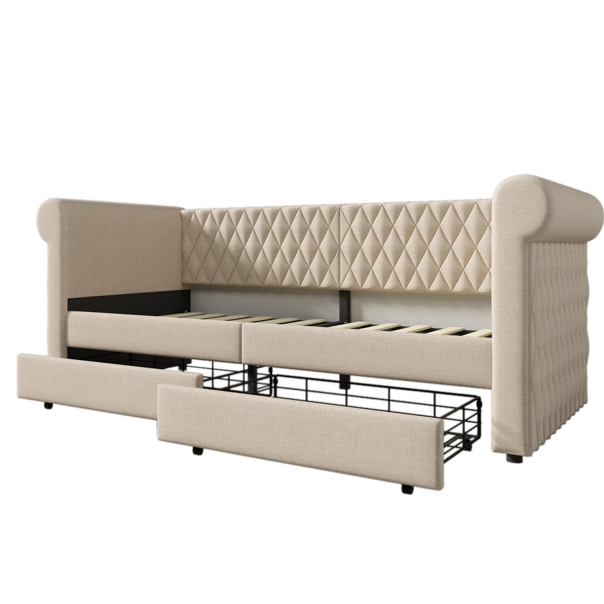 POLSTERBETT 90/200 cm mit 2 Schubladen, gepolsterten Armlehnen, Lattenrost und Vintage-Kopfteil, Beige - Beige, Textil (90/200cm) - Redom