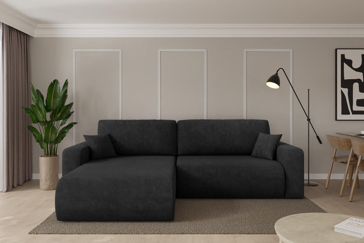 ROHOVÁ SEDAČKA s funkcí spaní, otoman vlevo BERY-L 276x193x88 černá velur - černá, kompozitní dřevo/textil (276/193cm) - ALTDECOR