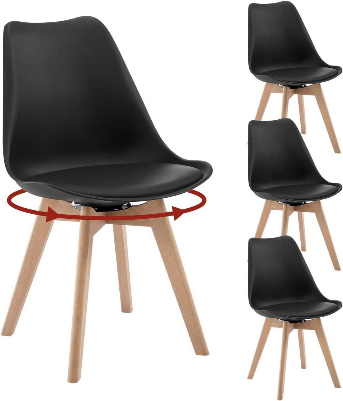 STUHL 4er Set, drehbar, Kunstleder, Massivholz, Schwarz - Buchefarben/Schwarz, Holz/Kunststoff (48/83/58.5cm) - Woltu