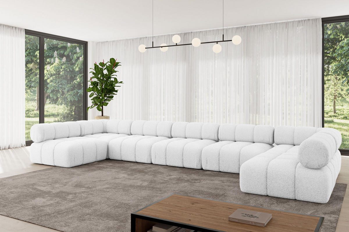 WOHNLANDSCHAFT modulares Sofa Garvo-U3 - 475x190x70 cm Weiß Bouclé - Weiß, Holzwerkstoff/Textil (475/70/190cm) - ALTDECOR