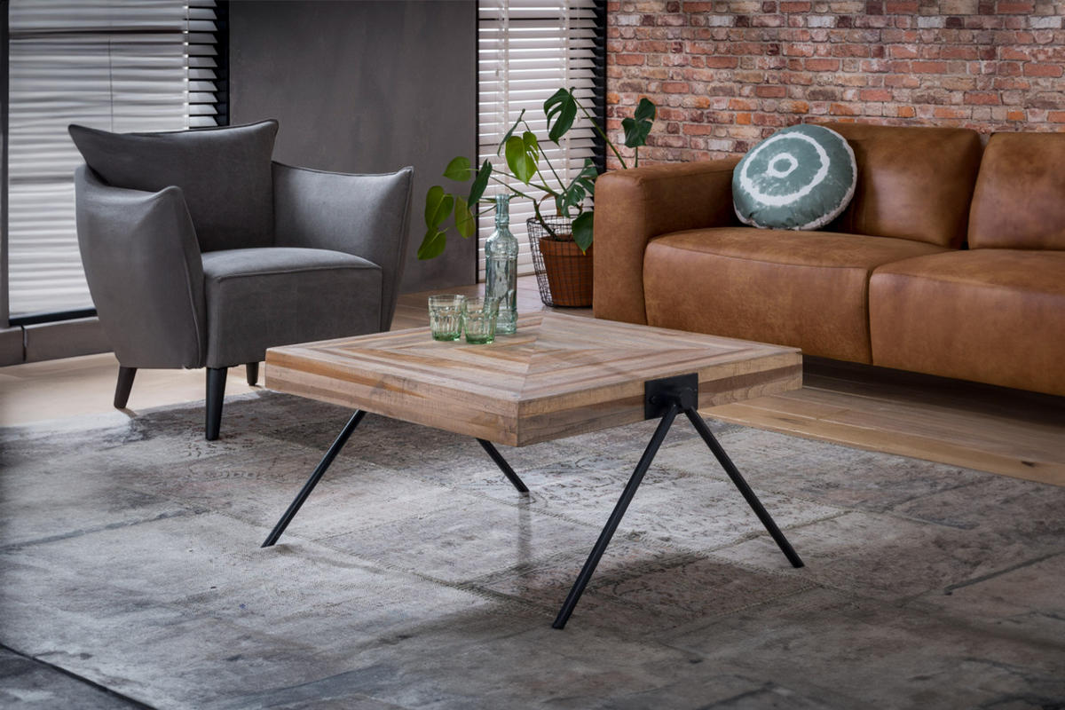 COUCHTISCH WILLY Braun Teakholz - Schwarz/Braun, Holz/Metall (80/80/43cm) - KAWOLA