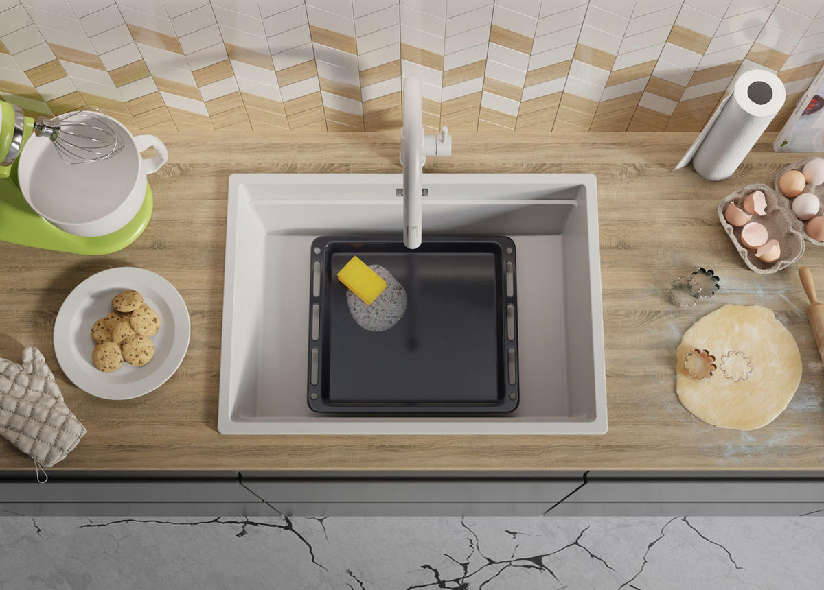 GRANITSPÜLE Praga Slim, 2-er set Weiß 66/47 cm 1 Becken + Küchenarmatur 40/20 cm + Ablauf-Set + Aufrollbare Abtropffläche ab 70er Unterschrank - Chromfarben/Weiß, Kunststoff (66/20/47cm) - Primagran