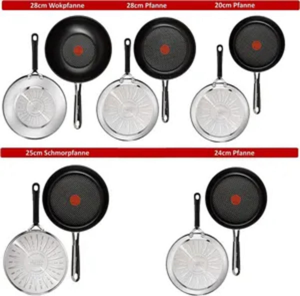 PFANNENSET Edelstahl E30 Jamie Oliver 8-teilig – Bratpfannen Ø20/24/28 cm, Schmorpfanne Ø25 cm, Wok Ø28 cm, Glasdeckel, Pfannenwender, Filzschoner - Schwarz, Keramik/Metall - Tefal