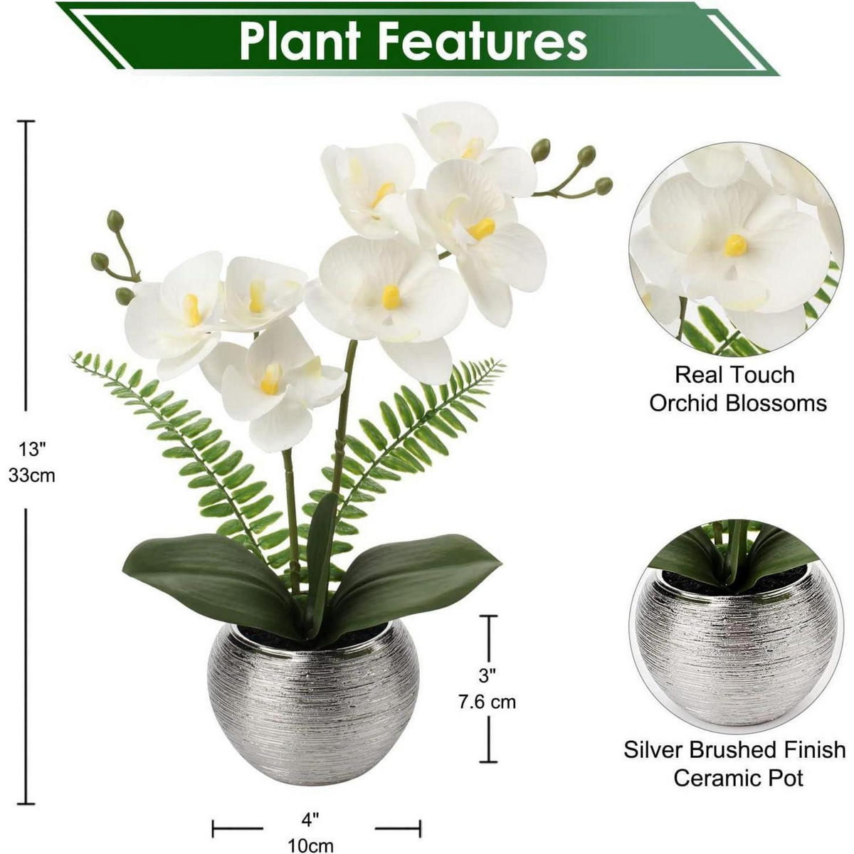 KUNSTBLUME Orchidee Phalaenopsis mit 2 Blütenrispen 33 cm silberfarbener Keramiktopf - Silberfarben, Keramik (25cm)