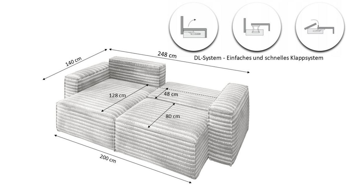 ECKSCHLAFSOFA Bohoo-Ecksofa mit Schlaffunktion stoff Velo Hellgrau Rechts - Hellgrau, Holz/Textil (248/140cm) - Kaiser Möbel