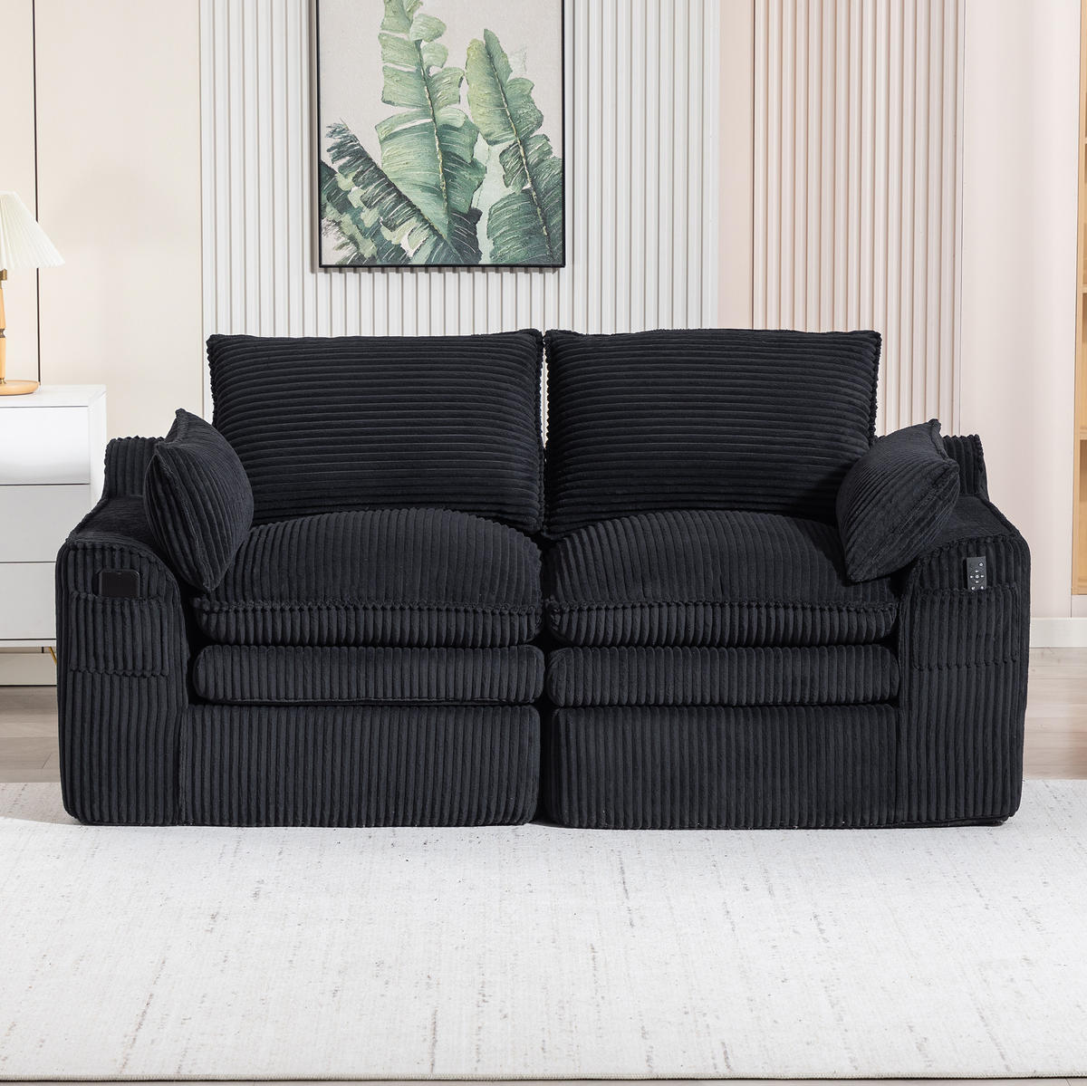 2-SITZER-SOFA 191/94/85 cm schwarz aus Cord mit Seitentaschen und Federkern - Schwarz, Textil (94/85/191cm) - Modenvie